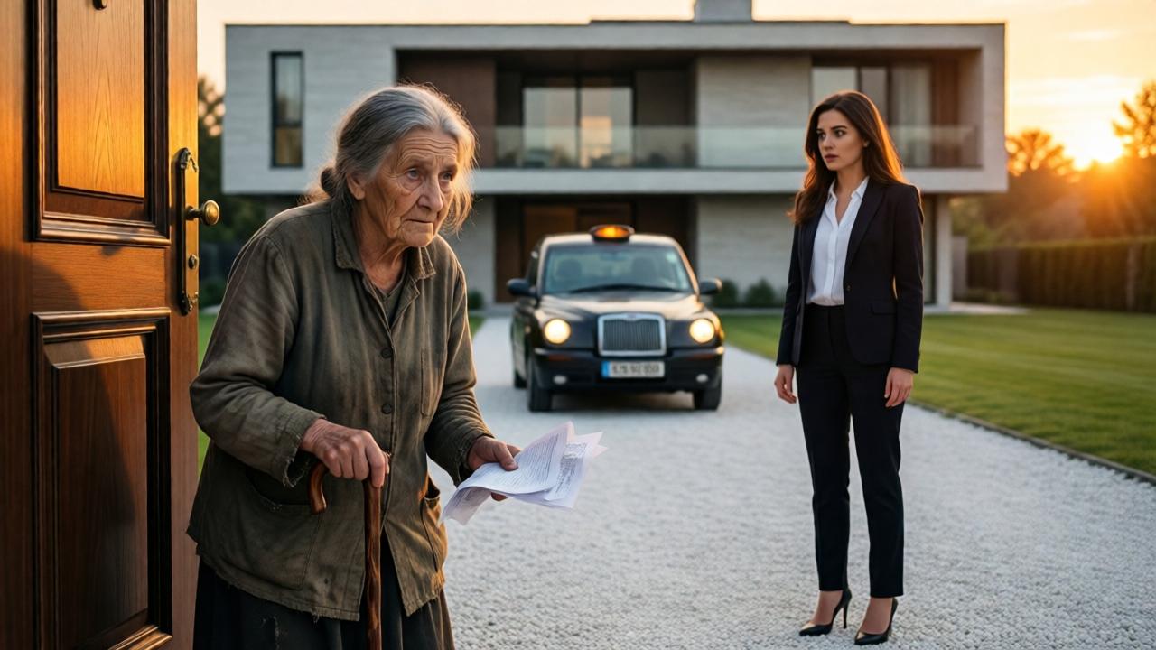 Escena dramática en primer plano. Una anciana con ropa sencilla y desgastada, aferrando un bastón de madera y un papel arrugado, se encuentra frente a la puerta monumental de una mansión moderna de estilo minimalista. Detrás de ella, un taxi se aleja por un camino de grava blanca. Frente a ella, una mujer joven y elegante, con un traje de chaqueta impecable y tacones altos, la mira con una mezcla de sorpresa y recelo. La luz del atardecer crea largas sombras y baña la escena en tonos dorados y naranjas, contrastando la pobreza con la opulencia. Enfoque suave en los rostros, capturando la vulnerabilidad en los ojos de la anciana y la frialdad calculadora en los de la joven. Estilo cinematográfico, con una composición que divide el encuadre entre los dos mundos.