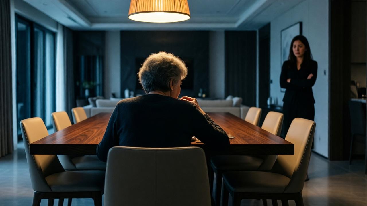 Interior dramático y emotivo. Una anciana de espaldas, sentada sola en una silla de diseño moderno frente a una larga mesa de comedor vacía de madera oscura y pulida. Está inclinada sobre un plato sencillo, comiendo con determinación. La luz cálida de una lámpara pendiente ilumina solo su figura, creando un círculo íntimo en la vasta y fría estancia de techos altos con decoración minimalista y lujosa. Al fondo, desenfocada en la penumbra, se ve la silueta de una mujer más joven (la esposa) observando, con los brazos cruzados y una expresión de conmoción y tristeza en el rostro. El ambiente transmite soledad, contraste y una emoción contenida a punto de estallar. Estilo de fotografía cinematográfica con alto contraste y profundidad de campo.