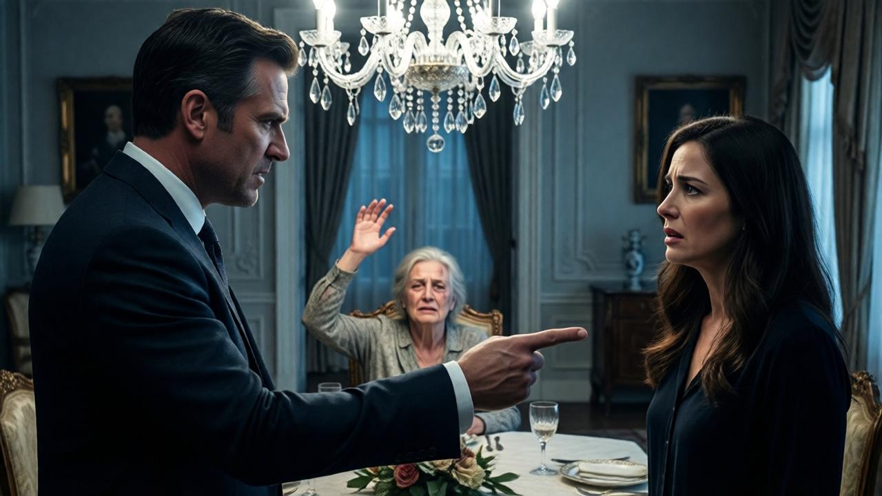 Momento de máxima tensión dramática. Un hombre de mediana edad con traje caro (Michael) está de pie en primer plano, de perfil, señalando con ira y desdén hacia su esposa, que está a un lado con expresión de horror. En el centro de la composición, al fondo y enfocada, está la anciana sentada a la mesa, que acaba de levantar la cabeza. Su rostro muestra una mezcla devastadora de dolor, resignación y una chispa final de dignidad herida. La lámpara de araña de cristal ilumina la escena desde arriba, creando reflejos duros y sombras dramáticas en los rostros. La mesa lujosa y el salón opulento sirven como un escenario irónico para el drama humano. Estilo de cine de suspense, iluminación de claroscuro, colores fríos (azules, grises) dominando, con un toque de luz cálida solo en la figura de la madre. Sensación de que el tiempo se ha detenido.