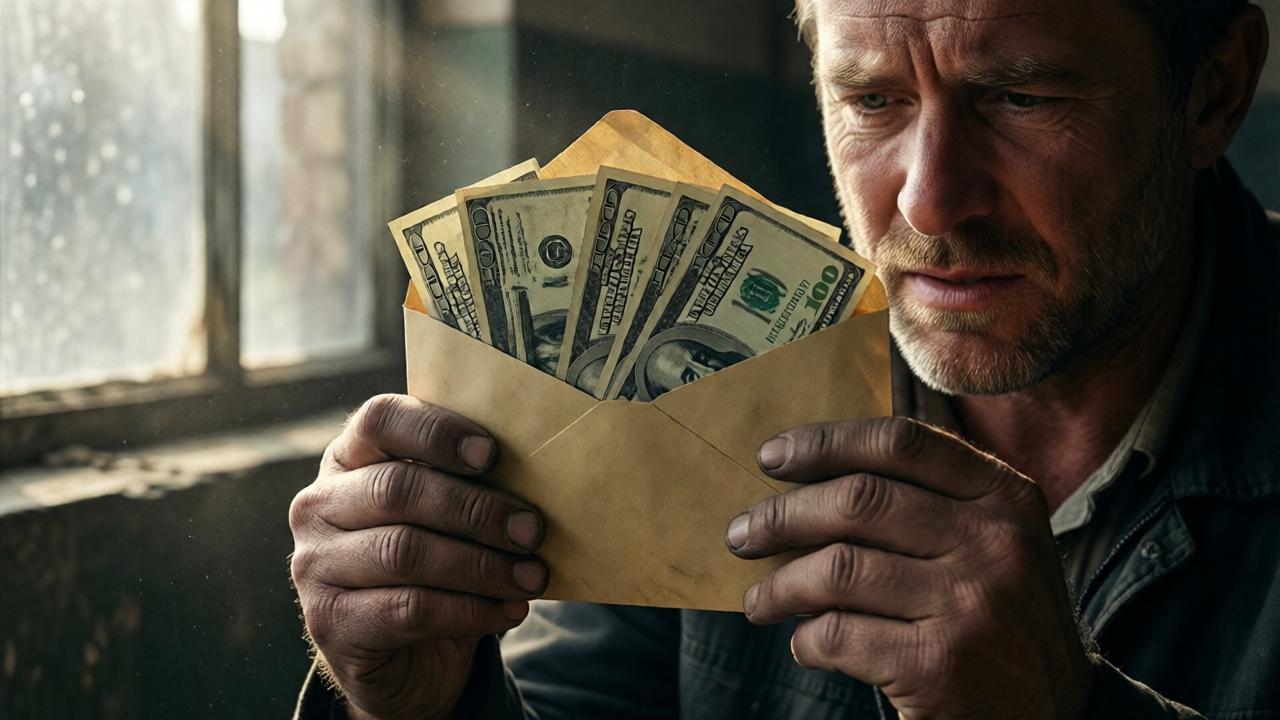 Un primer plano dramático de unas manos callosas y marcadas por el trabajo sosteniendo un sobre de pago abierto, con billetes sobresaliendo. La luz entra por una ventana sucia de la fábrica, iluminando el polvo en el aire y el rostro angustiado, en sombras parciales, del hombre. El estilo es cinematográfico, con un colorido desaturado que resalta los tonos tierra y el verde de los billetes. La composición es íntima y tensa, enfocándose en la textura de las manos y el papel.