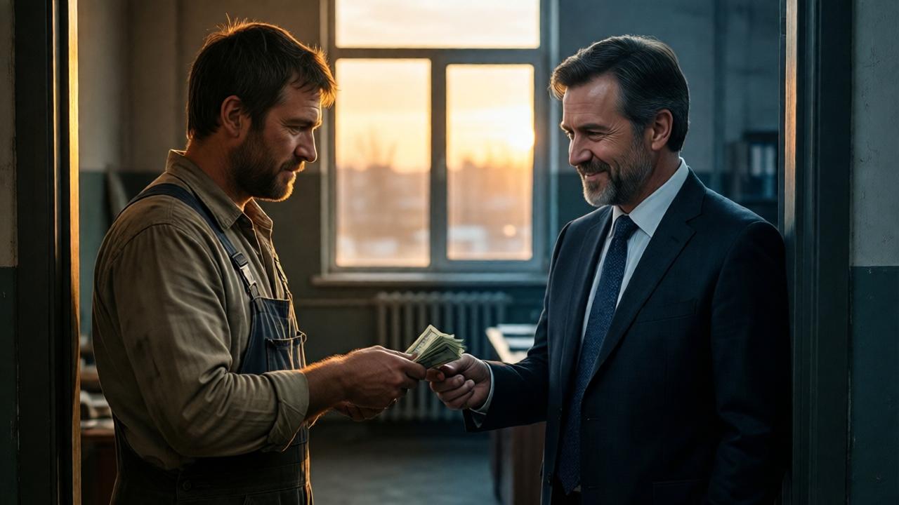 Escena en una oficina de gerencia industrial. Un hombre humilde, con overol, entrega un fajo de billetes a un gerente bien vestido de traje, que sonríe de manera calculadora. La luz del atardecer entra por la ventana, creando un contraste de luces y sombras que divide la escena: el lado del trabajador está en una luz más cálida y tenue, el del gerente en una luz más fría y dura. El estilo es de drama cinematográfico, con una composición que usa el marco de la puerta para crear profundidad y sensación de juicio.