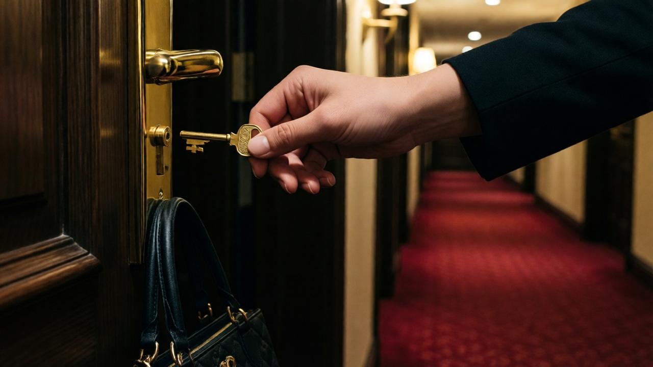 Primer plano dramático de una mano femenina temblando mientras introduce una llave dorada en la cerradura de una puerta de madera oscura de un hotel de lujo. La iluminación es tenue, con luces cálidas del pasillo creando sombras alargadas. En el suelo, una alfombra roja profunda. En primer plano, colgando de la muñeca de la mujer, se ve la esquina de una bolsa de seda negra de una boutique de lujo. Estilo cinematográfico, tonos oscuros y contrastados, enfoque selectivo en la llave y la mano. Sensación de suspense y anticipación.