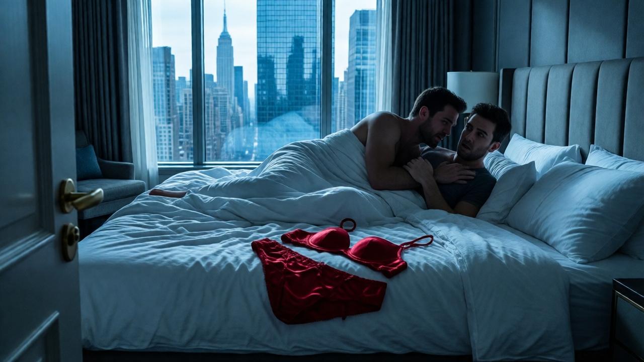 Composición desde un ángulo bajo, desde la perspectiva de Emily en la puerta. En el centro, una cama enorme desordenada, con Ryan y Ethan sorprendidos en un abrazo íntimo, parcialmente cubiertos por sábanas blancas. Sobre la cama, en primer plano nítido, destaca un conjunto de lencería de seda roja brillante, abandonado. La luz de los rascacielos de Nueva York entra por una ventana panorámica, creando siluetas y reflejos azulados en la habitación lujosa pero ahora siniestra. Enfocado en la lencería y las expresiones de shock. Estilo de thriller dramático, paleta de colores fríos (azules, grises) con el rojo como único punto cálido y violento.
