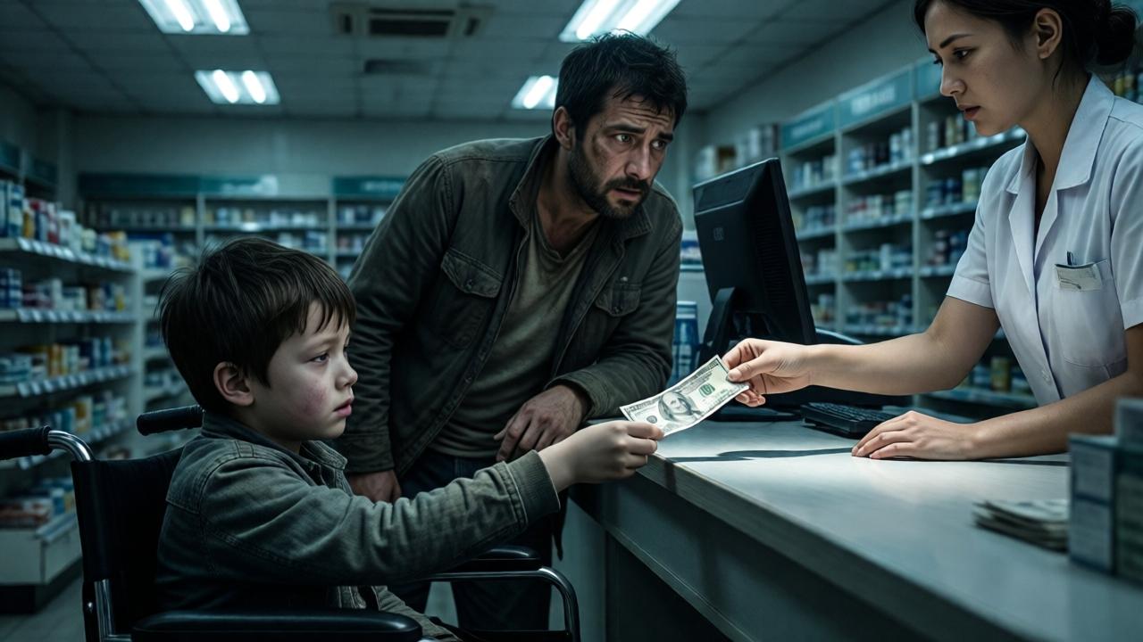 Escena dramática en el interior de una farmacia iluminada por luces fluorescentes frías. Un hombre con ropa gastada y expresión preocupada mira desde cerca del mostrador. En primer plano, un niño en silla de ruedas, con el rostro pálido por la fiebre, extiende una mano con un billete arrugado hacia una cajera con uniforme blanco. La composición enfatiza la tensión y la pobreza, con colores desaturados, sombras profundas y un foco de luz sobre el billete. Estilo realista dramático, alto contraste.