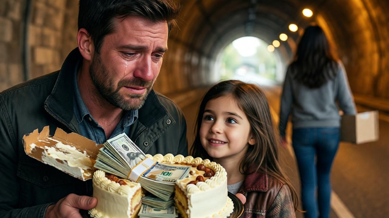 Un primer plano emotivo y dramático bajo el puente. El hombre, con lágrimas recorriendo su rostro surcado por la pena, sostiene con ambas manos los fajos de billetes recién descubiertos dentro del pastel. A su lado, su hija pequeña mira con asombro y una incipiente sonrisa. El pastel está abierto, mostrando el dinero oculto. La mujer que lo entregó se ve de espaldas, alejándose hacia la luz del final del túnel del puente, simbolizando esperanza. Iluminación cálida y dorada que contrasta con la frialdad del entorno, enfoque suave en las emociones de los rostros. Estilo de fotografía emotiva y realista.