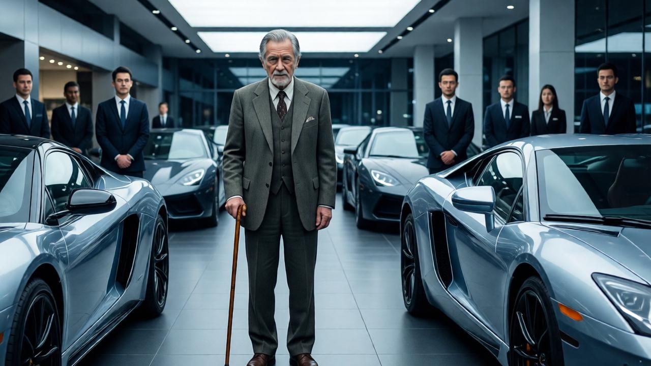 Un anciano con traje vintage y bastón, de pie solo bajo las luces brillantes de un lujoso concesionario de coches. A su alrededor, coches deportivos de colores metálicos reflejan la luz. El personal, con trajes elegantes, lo observa desde la distancia con expresiones de burla y desinterés. La composición es amplia, enfatizando su soledad y el contraste entre su humildad y la opulencia del entorno. Estilo cinematográfico, iluminación dramática con claroscuros, colores fríos dominantes (plata, azul acero) interrumpidos por el cálido tono de la madera de su bastón.