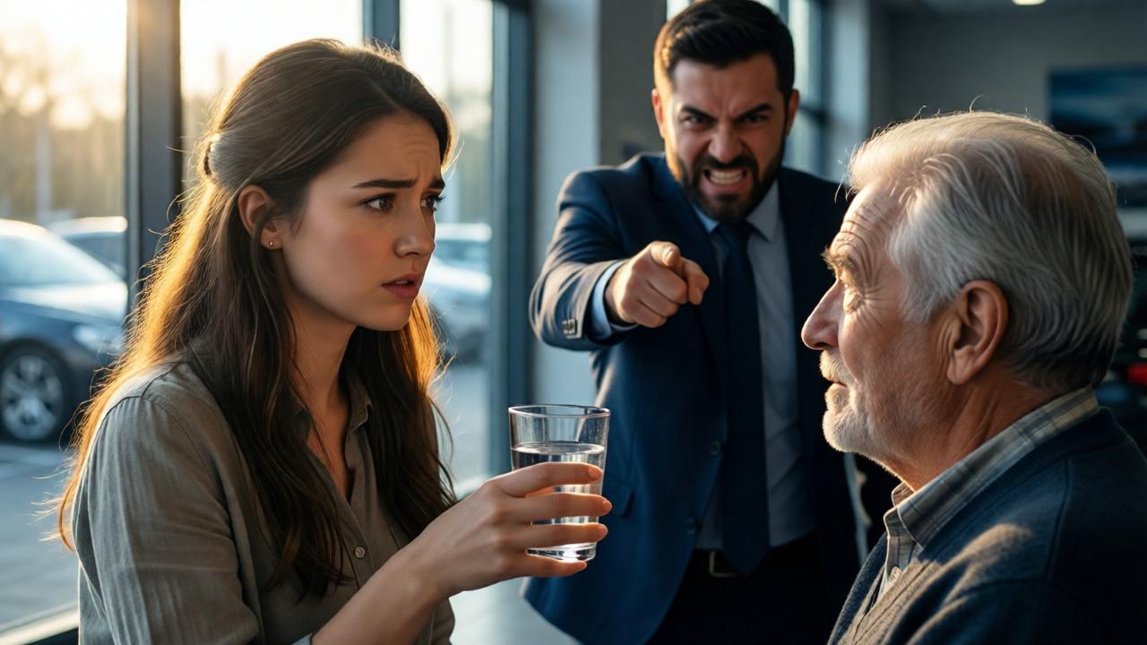 Primer plano de la becaria Clara, una joven de expresión nerviosa pero decidida, ofreciendo un vaso de agua al anciano sentado. Detrás de ellos, el gerente, con el rostro contraído por la furia, señala con rudeza hacia la puerta. La escena está iluminada por la luz natural que entra por el ventanal del concesionario, creando un halo alrededor de Clara y el anciano, mientras el gerente queda en una zona de sombra. Enfoque suave en el fondo, donde se ven los coches de lujo desenfocados. Estilo de retrato dramático, colores contrastados: los tonos cálidos de la piel y la ropa humilde contra los fríos azules y grises del entorno. Emoción de tensión y esperanza.