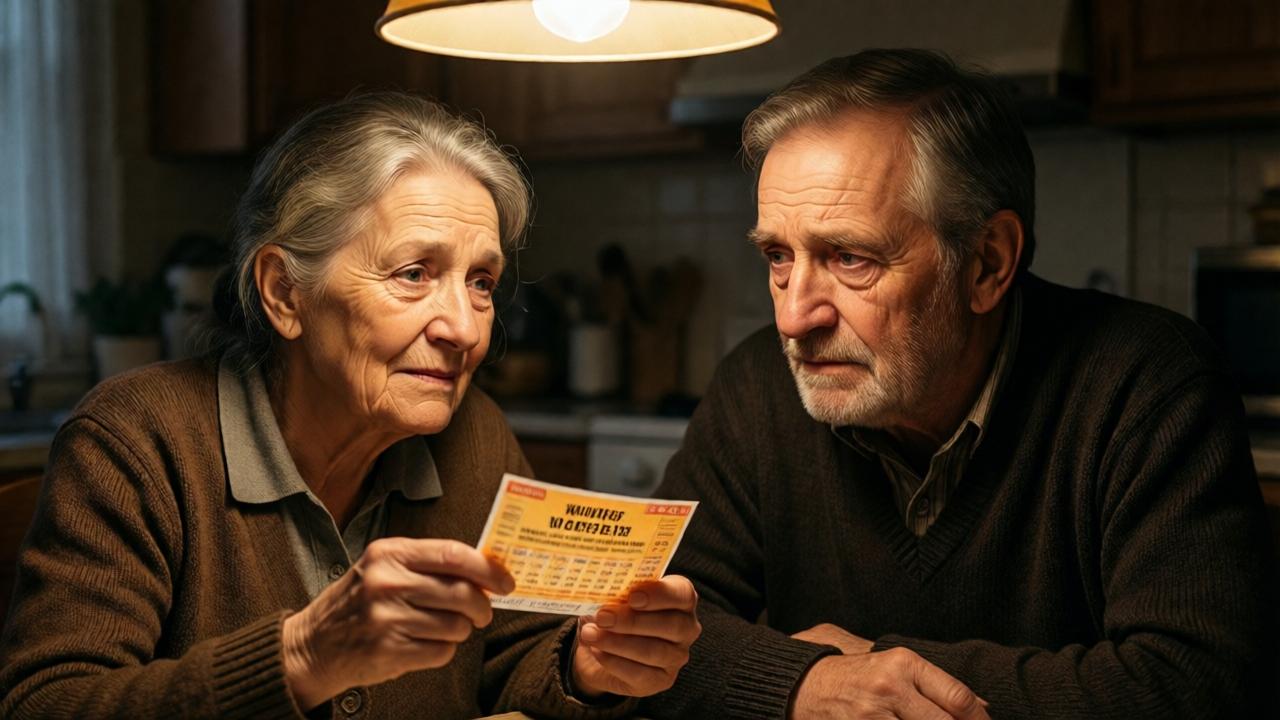 Un primer plano dramático de una pareja de ancianos sentados a una mesa de cocina modesta. La mujer sostiene un billete de lotería ganador con manos temblorosas, su rostro iluminado por una esperanza frágil. El hombre la mira, sus ojos reflejan preocupación y una tristeza profunda. La luz de una lámpara colgante crea sombras marcadas en sus rostros arrugados, enfatizando la tensión emocional. Colores cálidos pero desvaídos (ocre, marrón) dominan la escena, con el billete como el único punto de contraste brillante. Estilo cinematográfico, enfoque suave en sus expresiones.
