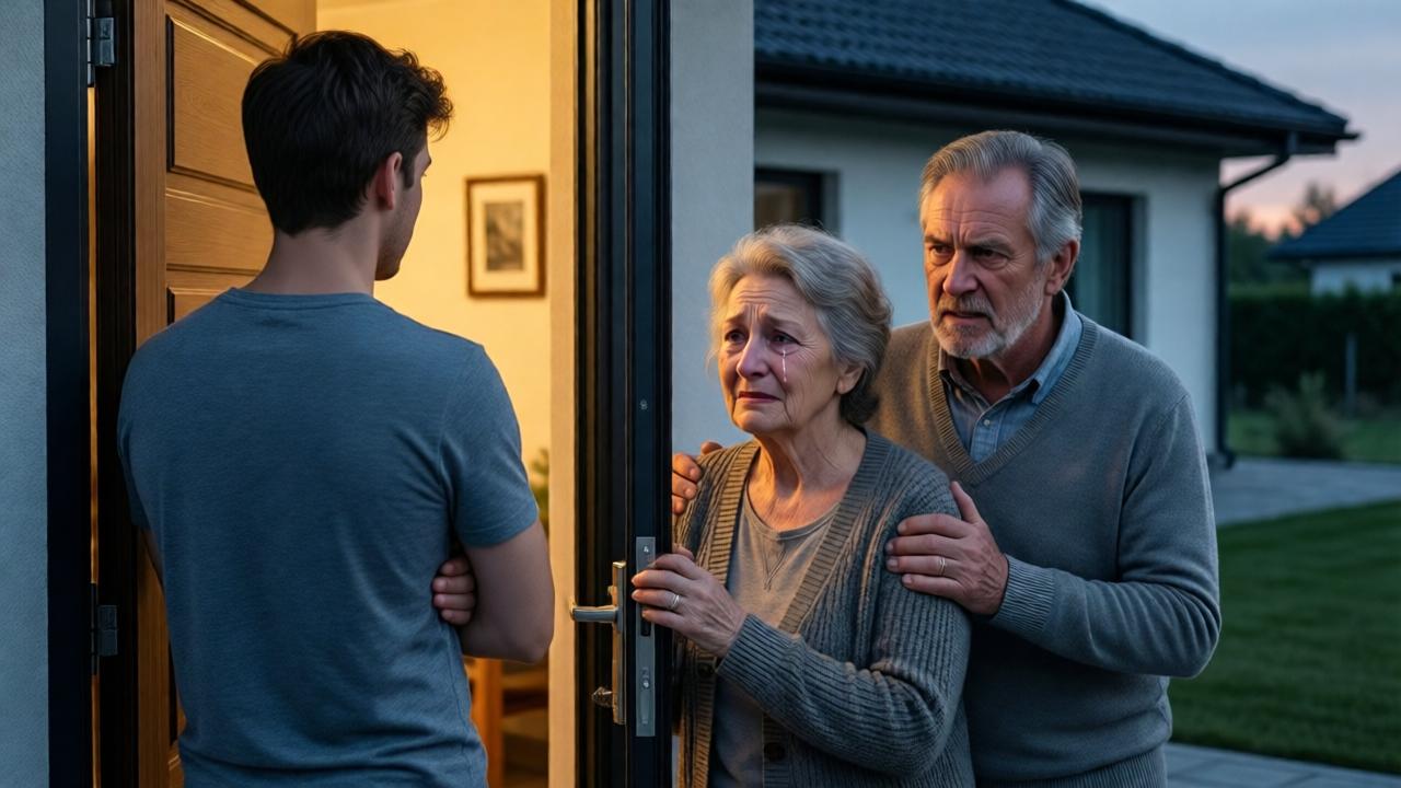 Escena emocionalmente poderosa en el umbral de una casa moderna. Un hombre joven (el hijo) de espaldas, cruzándose de brazos, bloqueando la entrada. Frente a él, una anciana con el rostro destrozado por la incredulidad y el dolor, una lágrima recorriendo su mejilla. Detrás de ella, el padre anciano la sostiene por el hombro, su expresión es una mezcla de rabia contenida y profunda decepción. La composición usa la puerta abierta como un marco que separa dos mundos: la cálida luz interior de la casa del hijo y el frío crepuscular del exterior donde están los padres. Estilo de fotografía dramática, alto contraste.
