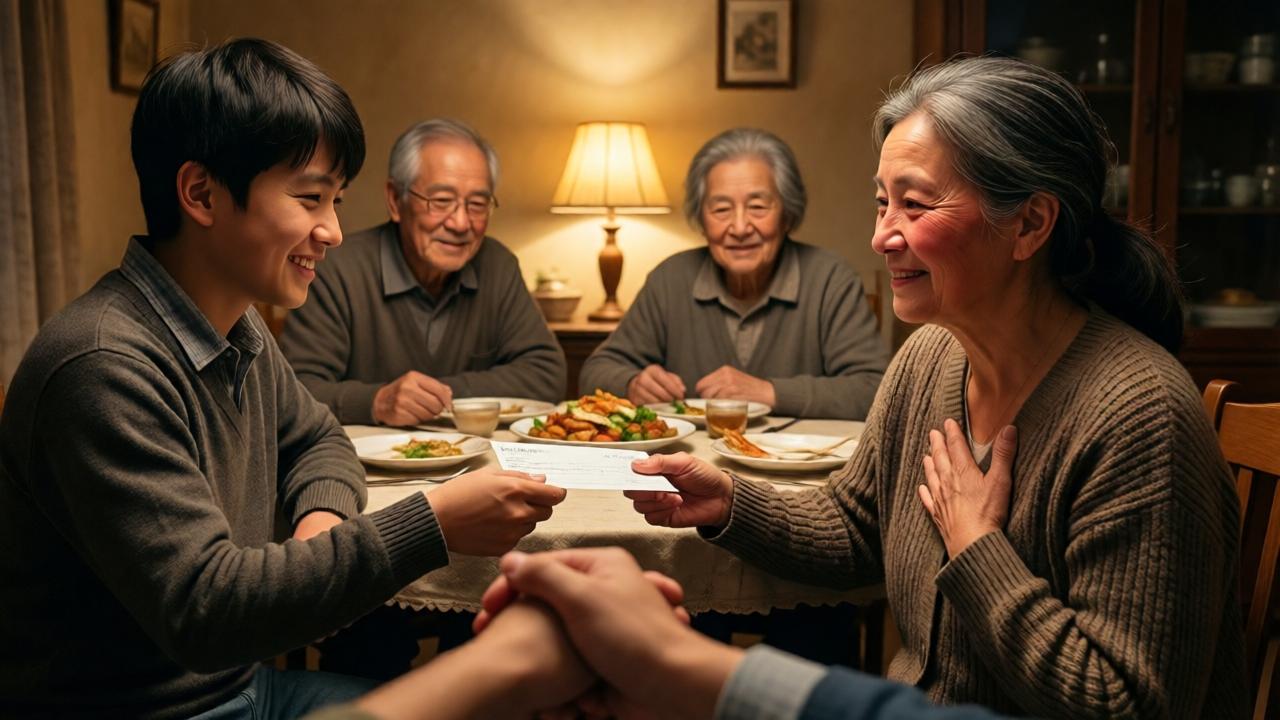 Escena final conmovedora y redentora en un comedor humilde pero acogedor. La familia completa reunida: el hijo mayor y su esposa sonriendo con ternura, los padres ancianos sentados a la cabecera. La madre, con los ojos enrojecidos pero con una paz nueva en el rostro, está entregando un cheque a su hijo, quien lo acepta con una mano sobre el corazón. El padre observa la escena con una sonrisa tranquila. La luz es cálida y dorada, proveniente de una lámpara de mesa, creando un ambiente íntimo y de reconciliación. En primer plano, las manos unidas de la madre y el hijo. Estilo pictórico realista, enfatizando las emociones y la unidad familiar.