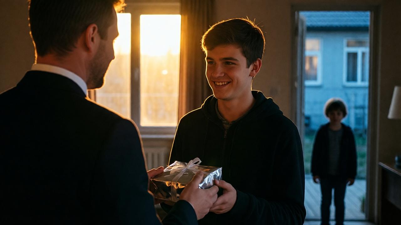 Escena dramática en el interior de una casa al atardecer. Un hombre de espaldas, con traje, entrega un paquete brillante a un joven sonriente en primer plano. En un segundo plano, desenfocado y en penumbra, un niño más pequeño observa desde el marco de una puerta, su silueta recortada contra la luz cálida de la ventana. Estilo cinematográfico, con alto contraste entre luces y sombras, colores cálidos en el foco principal y tonos fríos azulados en el fondo. Composición que enfatiza la distancia emocional y el aislamiento.
