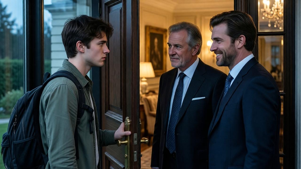 Momento de alta tensión dramática en el umbral de una casa elegante. Un hombre joven con ropa modesta y una mochila, de pie en la puerta, es recibido por la mirada fría y despreciativa de un hombre mayor (el padre) y la sonrisa burlona de otro hombre bien vestido (el hermano mayor). La composición usa la puerta como marco, dividiendo el mundo interior de lujo del exterior de incertidumbre. Iluminación contrastante: cálida y artificial desde dentro, fría y natural desde fuera. Expresiones faciales nítidas, mostrando desprecio, arrogancia y una dolorosa resignación en el rostro del hijo menor.