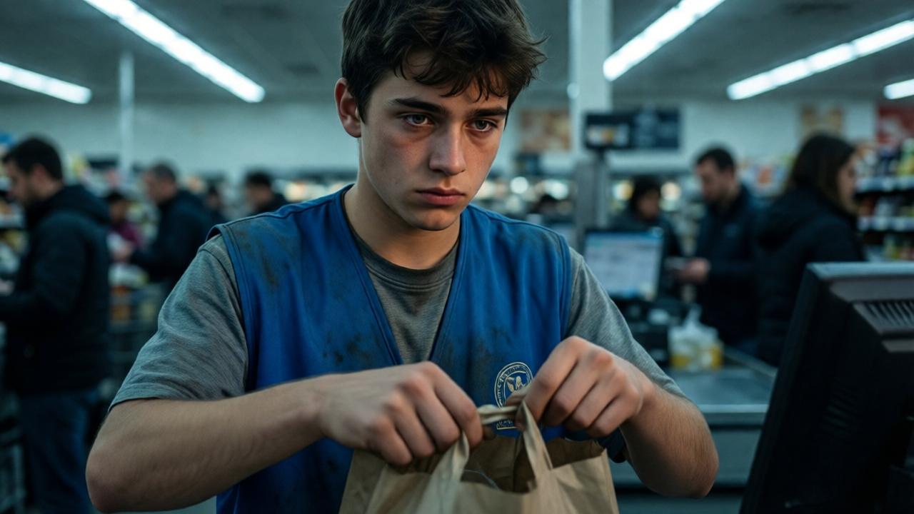 Un primer plano cinematográfico de Daniel, un adolescente de 15 años con rostro serio, vistiendo un chaleco azul de supermercado desgastado y demasiado grande. Está en una caja registradora, empacando bolsas con cuidado. La luz es tenue, fluorescente, resaltando su juventud y la sombra de cansancio bajo sus ojos. El enfoque está en sus manos, trabajadoras y limpias, y en el logo borroso del chaleco. El ambiente es de un supermercado genérico al final de la tarde, con clientes desenfocados al fondo. Estilo realista, tonos fríos azules y grises, con un toque de calor en su mirada.