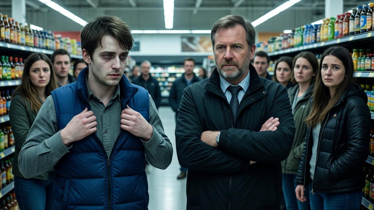 Escena dramática en el pasillo central de un supermercado. Daniel, con el rostro pálido y los ojos vidriosos, se quita lentamente el chaleco azul con manos temblorosas. Frente a él, el gerente, el señor Carter, un hombre de mediana edad con los brazos cruzados y una expresión de falsa autoridad. Detrás, una fila de clientes y compañeros de trabajo observan, algunos con lástima, otros con curiosidad malsana. La luz fluorescente crea sombras duras. La composición enfatiza el poder desigual: Daniel, pequeño y vulnerable, frente a la figura imponente del gerente. Estilo cinematográfico, tonos fríos y opresivos, sensación de claustrofobia e injusticia.