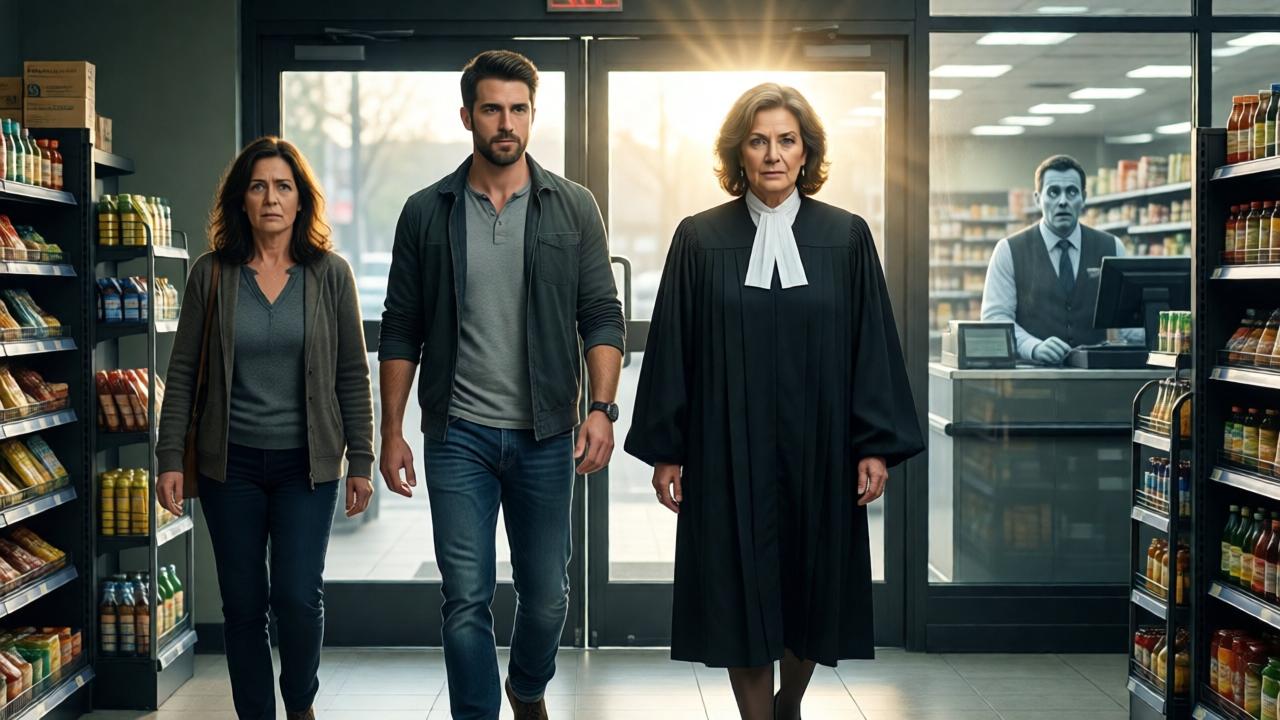 Un momento culminante y poderoso. Daniel, ahora vestido con ropa casual, camina de nuevo hacia las puertas automáticas del supermercado. A su lado derecho, con paso firme y elegante, va la jueza Elena Carvalho, una mujer de unos cincuenta años con porte autoritario y mirada penetrante. A su izquierda, su madre, con una mezcla de ansiedad y determinación. Al fondo, dentro de la tienda, se ve la figura congelada y pálida del gerente, el señor Carter, detrás de la caja registradora, con los ojos muy abiertos por el shock. La luz de la mañana entra por las puertas, iluminando a Daniel y a la jueza, creando un halo de justicia y redención. Estilo cinematográfico, tonos que pasan de la oscuridad a la luz, composición épica y emotiva.