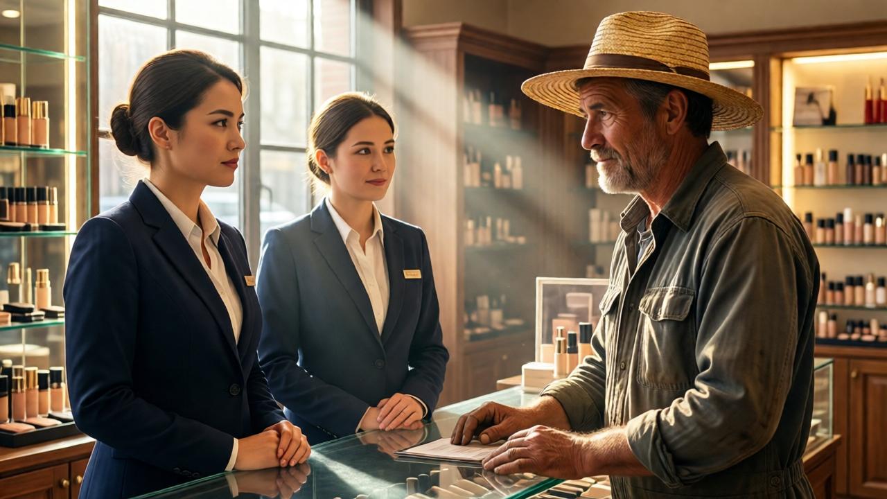 Una tienda de cosméticos con vitrinas brillantes, dos dependientas con uniformes elegantes, una de ellas con expresión altiva y la otra con mirada compasiva. Un campesino con ropa de trabajo, manos callosas y sombrero de paja, de pie frente al mostrador, iluminado por un rayo de sol que entra por la ventana. Colores cálidos y contrastes de luz y sombra, estilo realista cinematográfico.