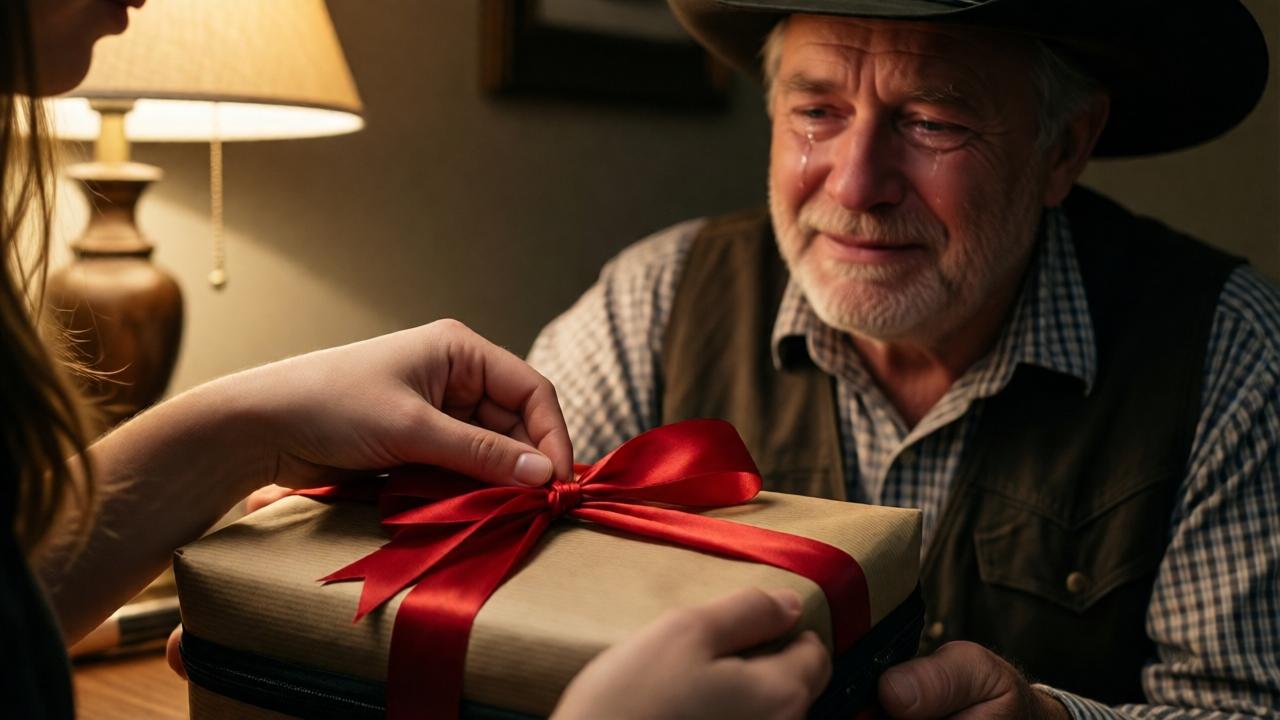 Primer plano de las manos de una mujer joven envolviendo un estuche de maquillaje con una cinta de satín roja. Al fondo, un hombre mayor con ropa de campo, con expresión de gratitud y lágrimas en los ojos. La luz suave de una lámpara crea sombras dramáticas. Estilo realista, colores cálidos, enfoque en los detalles de las manos y la textura del papel de regalo.