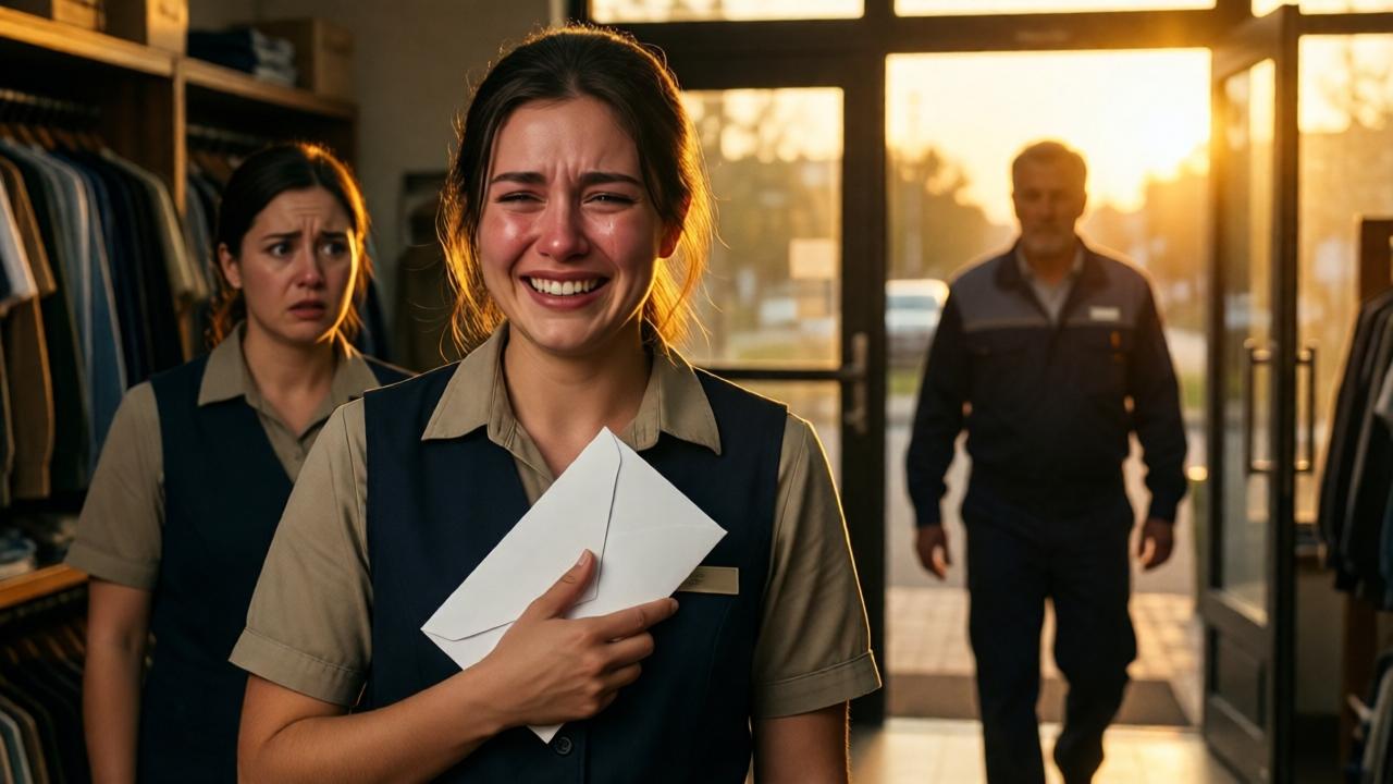 Una mujer joven con uniforme de dependienta, lágrimas de alegría en sus mejillas, sosteniendo un sobre blanco contra su pecho. Detrás de ella, una colega con expresión de arrepentimiento y asombro. Un hombre mayor con ropa de trabajo camina hacia la puerta, su silueta iluminada por la luz del atardecer que entra por la entrada. Colores dorados y sombras largas, estilo cinematográfico emotivo.