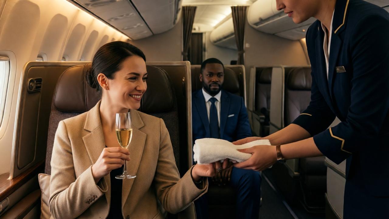 Interior de un avión en vuelo, cabina de primera clase iluminada con luz cálida y tenue. Una mujer blanca con cachemir beige y copa de champán en mano, sonríe con suficiencia mientras una azafata le ofrece una toalla caliente. En el fondo, un pasillo se extiende hacia la sección de economía, donde un hombre negro de traje azul marino está sentado en un asiento apretado del medio, con las rodillas rozando el respaldo de enfrente, su rostro sereno pero sus ojos fijos en la distancia. Contraste de lujo e incomodidad, estilo documental dramático, colores cálidos en primera clase y fríos en economía.
