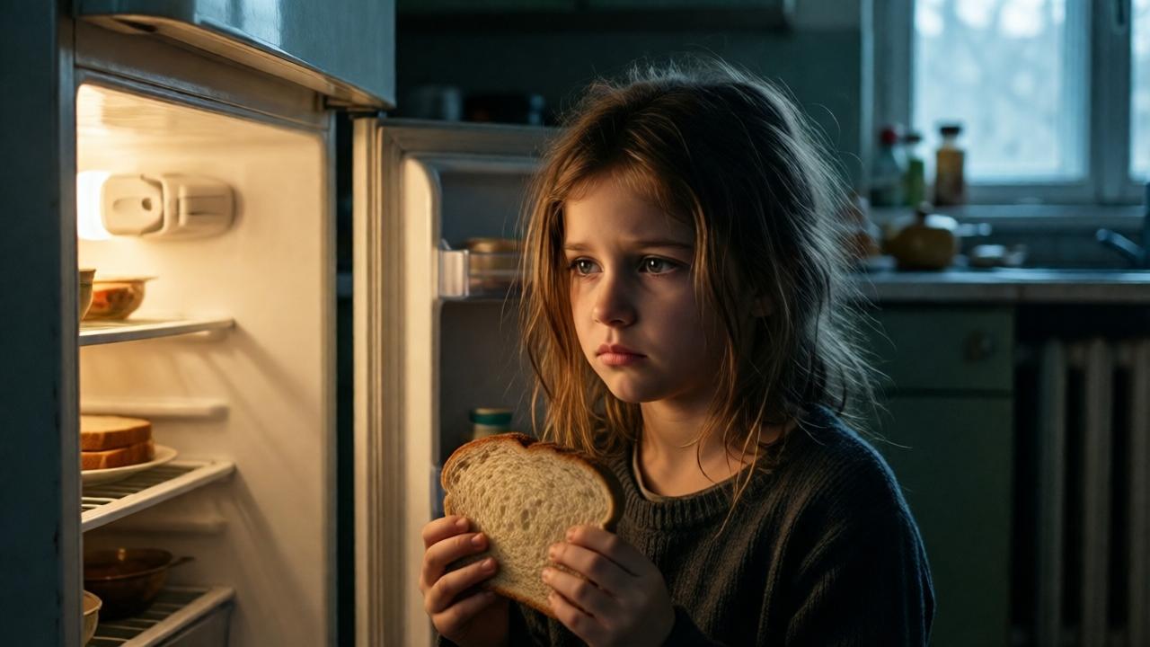 Una niña de nueve años, con cabello castaño despeinado y ojos tristes pero decididos, abre un refrigerador viejo y casi vacío en una cocina humilde. La luz tenue del refrigerador ilumina su rostro, mientras sostiene dos rebanadas de pan con cortezas. Ambiente de pobreza, pero con un toque de esperanza. Estilo cinematográfico, colores fríos y cálidos contrastados, enfoque en la expresión de la niña.