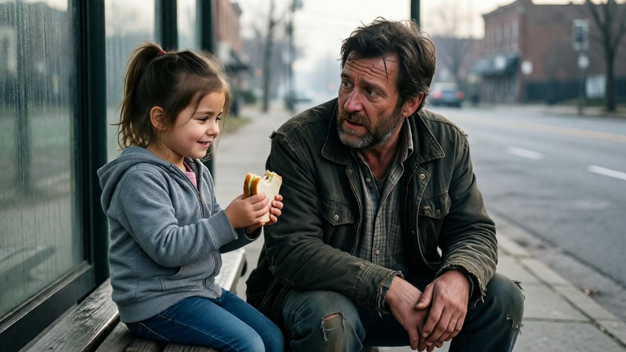 Una niña pequeña sentada en un banco de parada de autobús, junto a un hombre harapiento y tembloroso. Ella le ofrece medio sándwich, con una sonrisa tímida. El hombre la mira con asombro y gratitud. Fondo de una calle gris y desolada en Richmond, Virginia. Estilo realista, con luz matutina suave que ilumina el gesto de la niña. Colores apagados pero con un destello de calidez en el rostro de los personajes.
