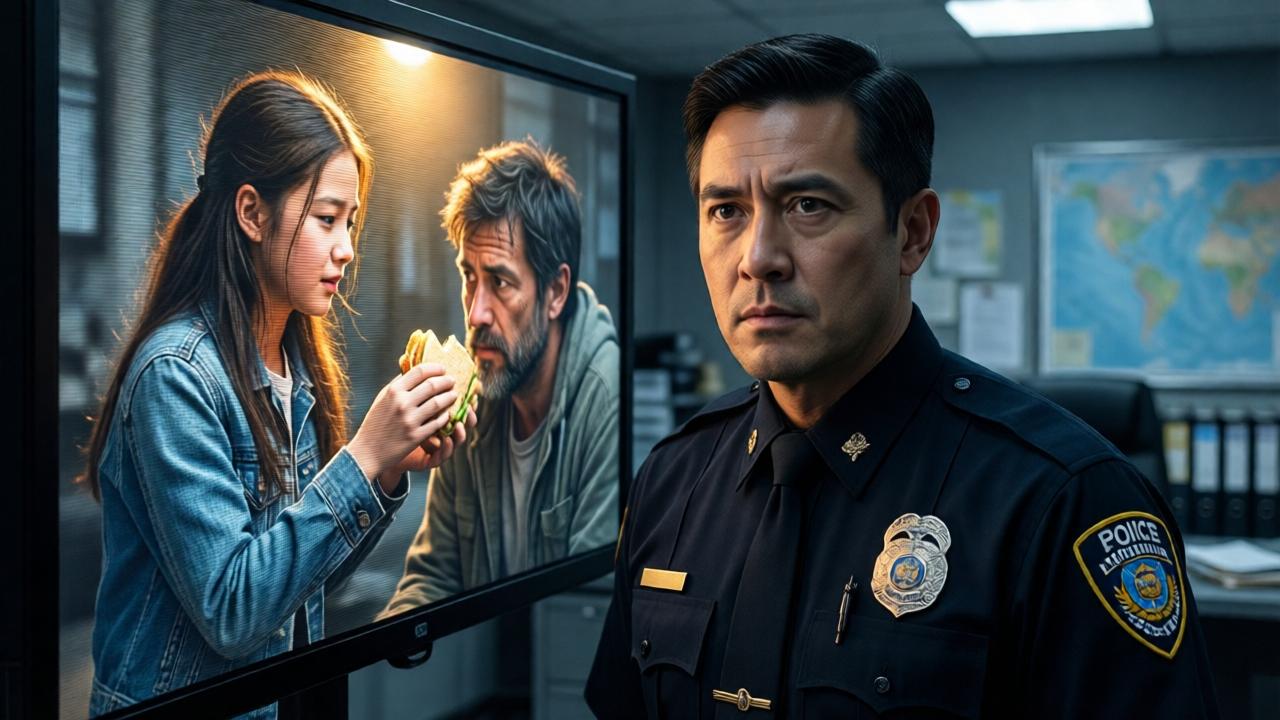 Un comisionado de policía con uniforme oscuro y mirada seria, de pie frente a una pantalla de seguridad que muestra a una niña dando un sándwich a un hombre sin hogar. La luz de la pantalla ilumina su rostro, que muestra una mezcla de sorpresa y emoción. Fondo de una oficina de policía con mapas y archivos. Estilo dramático, colores azules y grises, con un foco de luz cálida en la pantalla.