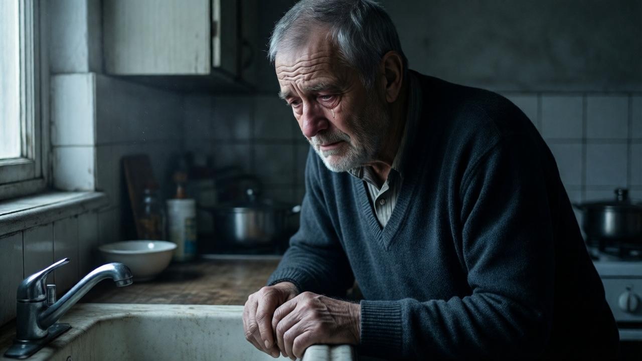 Un hombre mayor, con el rostro surcado por lágrimas silenciosas, está de pie en la penumbra de una cocina modesta. Una luz tenue entra por una ventana pequeña, iluminando parcialmente su figura encorvada. En primer plano, se ven sus manos calladas apoyadas en el borde de un fregadero viejo. La composición transmite una profunda tristeza y resignación, con colores grises y azules apagados que refuerzan la atmósfera de dolor contenido.