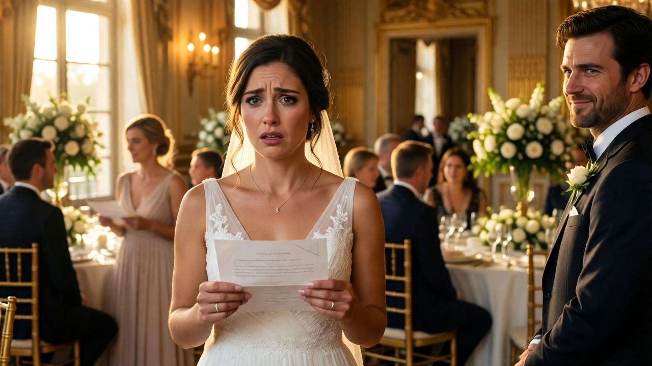 Una novia con vestido blanco, de pie en el centro de un salón de bodas lujoso, sostiene una carta en sus manos temblorosas. Su rostro muestra una mezcla de sorpresa, vergüenza y dolor. Detrás de ella, invitados elegantes conversan en mesas decoradas con flores blancas. La luz dorada de la tarde entra por grandes ventanales, creando un contraste entre la opulencia del entorno y la emoción cruda de la mujer. En un rincón, el novio la observa con una sonrisa burlona que pronto se desvanece.