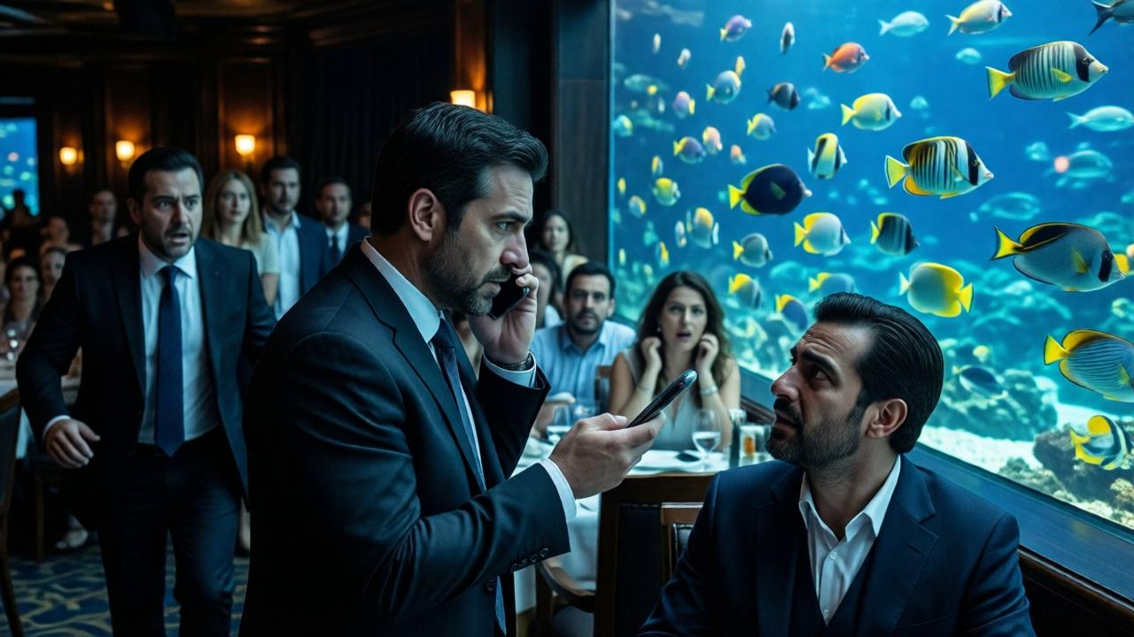 Escena culminante en el restaurante submarino: Don Eduardo, de pie con el teléfono en la mano, mira fijamente al gerente Ahmed, que ahora está pálido y tembloroso. Detrás de ellos, el propietario del Burj Al Arab entra apresuradamente, con traje oscuro y expresión de horror. Los comensales observan asombrados, algunos de pie. Peces tropicales de colores brillantes nadan en el acuario de fondo, creando un contraste entre la belleza serena del mar y la tensión humana. Iluminación dramática con focos de luz cálida sobre Don Eduardo, sombras profundas alrededor de Ahmed. Estilo cinematográfico de alto contraste, colores ricos y saturados.