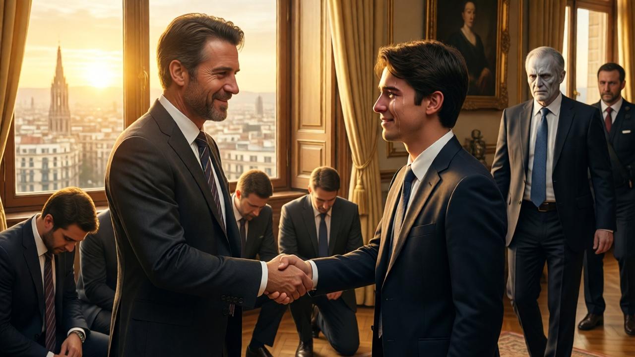 Un hombre ahora vestido con un traje impecable, de pie frente a un ventanal con vistas a Barcelona, rodeado de ejecutivos arrodillados o cabizbajos. Un joven becario, con los ojos llenos de lágrimas de gratitud, recibe un apretón de manos del hombre. Al fondo, el director anterior, pálido y derrotado, es escoltado por seguridad. Iluminación dorada y triunfal, estilo épico, colores cálidos y brillantes, atmósfera de justicia y redención.