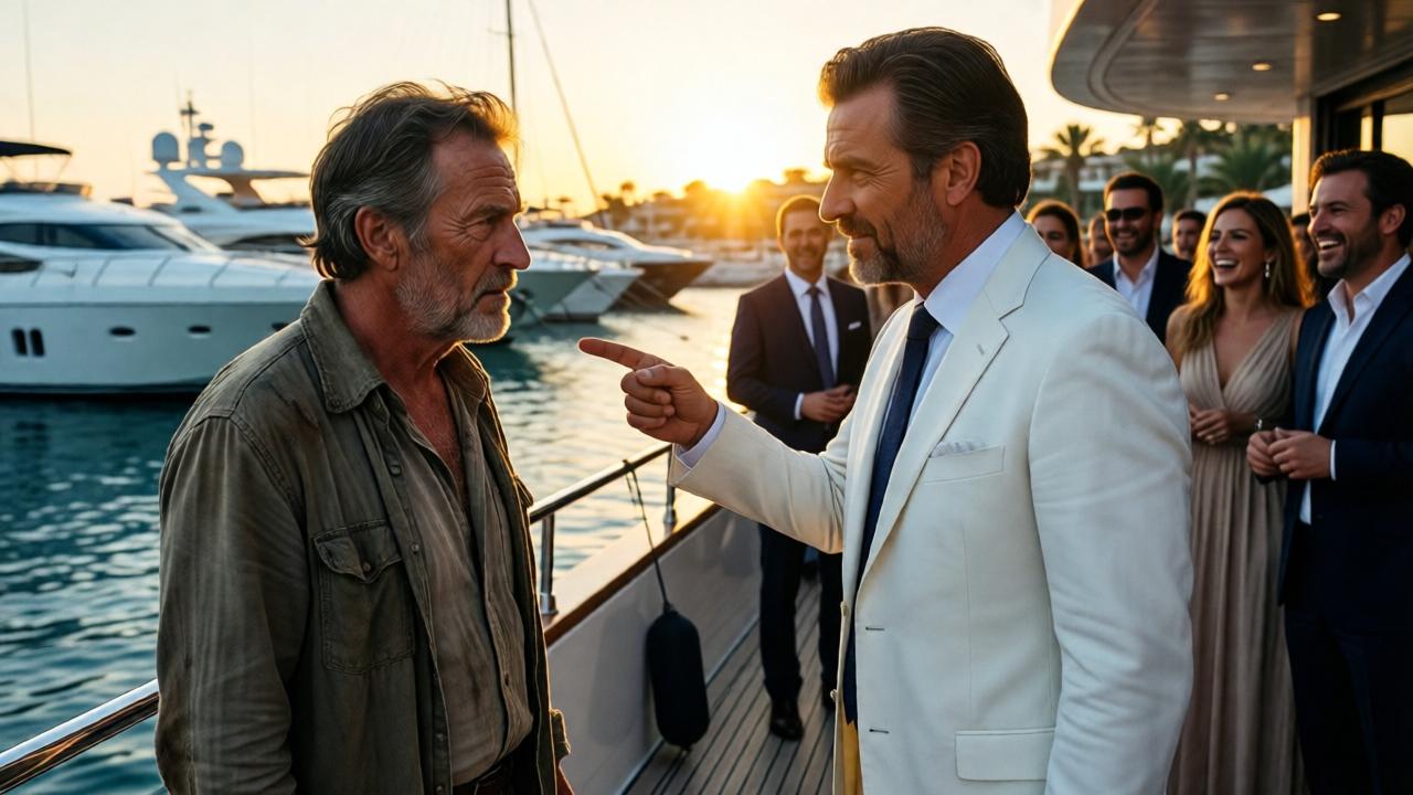 Escena dramática en un exclusivo club náutico de Mallorca al atardecer. Un hombre mayor con ropa gastada y rostro curtido está de pie frente a un gerente arrogante vestido con traje blanco, que lo señala con desprecio. Al fondo, yates relucientes y una multitud de socios elitistas ríen. La luz dorada del sol contrasta con las sombras alargadas, creando una atmósfera de tensión y desigualdad. Estilo cinematográfico, colores cálidos y fríos mezclados, composición que enfatiza el conflicto.