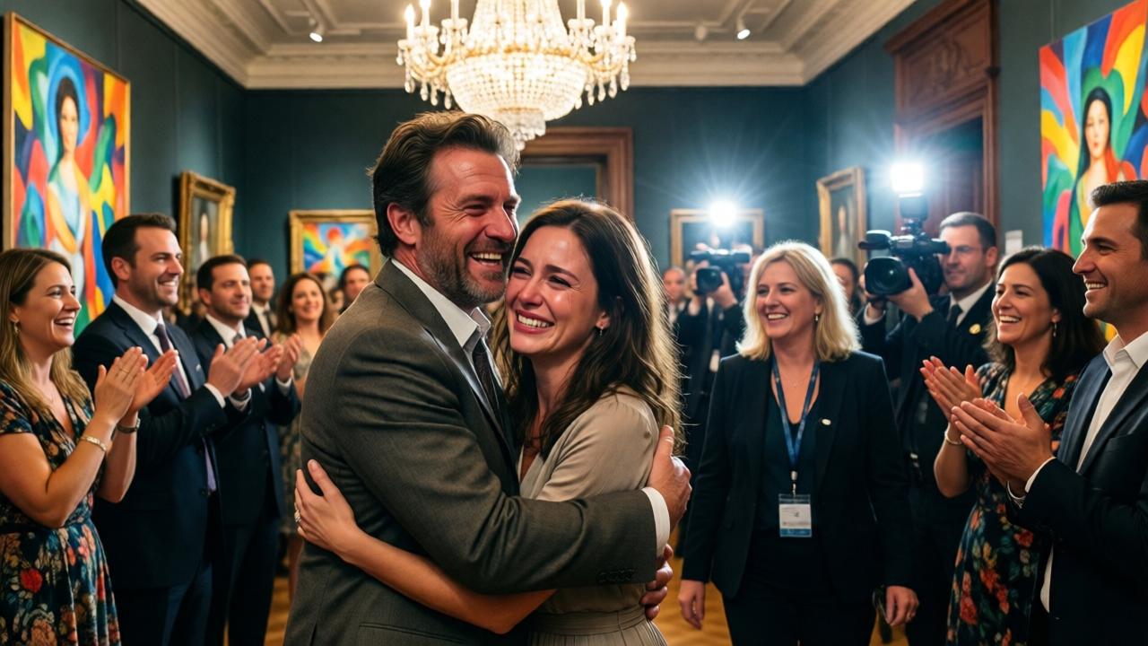 Un hombre y una mujer abrazados en medio de un salón de subastas elegante, con invitados alrededor aplaudiendo y sonriendo. El hombre lleva un traje arrugado pero su rostro irradia satisfacción y triunfo, la mujer tiene un vestido sencillo pero elegante, lágrimas de alegría en sus ojos. Luces brillantes de arañas de cristal, obras de arte coloridas en las paredes, atmósfera de celebración y justicia. Al fondo, una mujer rubia es escoltada por seguridad entre flashes de cámaras. Estilo cinematográfico, colores vibrantes, iluminación cálida, sensación de victoria y redención.