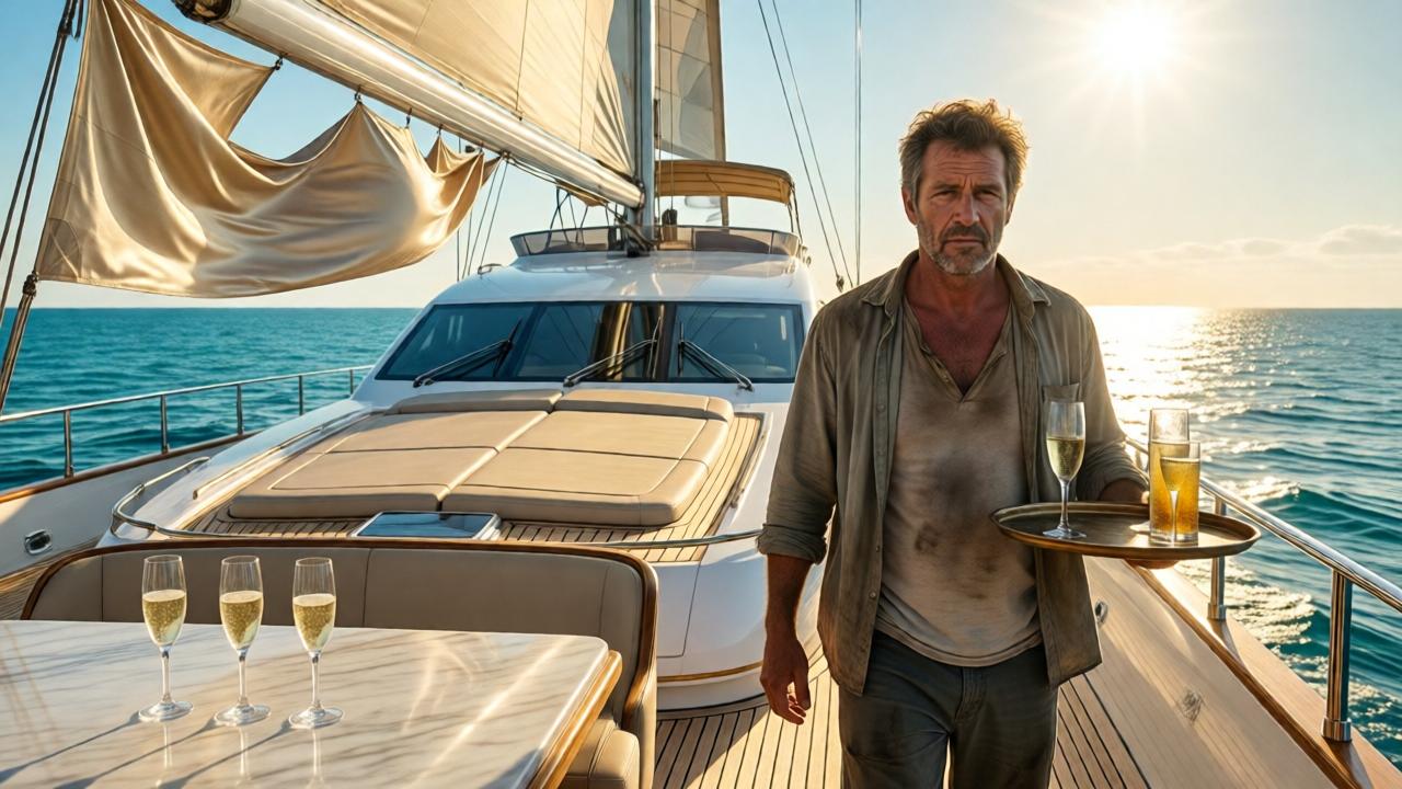 Un yate de lujo blanco y dorado surcando un océano turquesa bajo un sol radiante. Cubiertas de madera brillante, toldos de seda ondeando al viento, copas de champán en una mesa de mármol. En primer plano, un hombre de 45 años, de tez morena y ropa desgastada, carga una bandeja con bebidas. Su mirada es cansada pero firme. El contraste entre la opulencia del barco y su vestimenta humilde es evidente. Estilo cinematográfico, colores cálidos, luz natural, composición amplia que captura el lujo y la tensión.