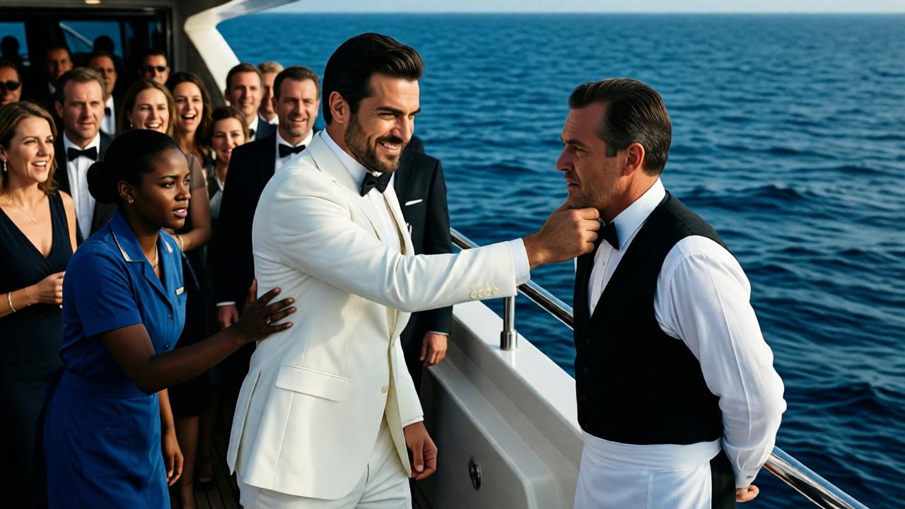 Un hombre italiano de rostro afilado y sonrisa burlona, vestido con un traje blanco impecable, levanta la mano para empujar a un mesero de aspecto humilde hacia el borde de un yate. Detrás, una multitud de invitados elegantes observa, algunos riendo, otros con expresión de sorpresa. Una joven camarera de tez oscura, con uniforme azul, se acerca al mesero con gesto protector. El océano azul profundo se extiende al fondo. Iluminación dramática, sombras marcadas, estilo de película de suspense, colores contrastantes entre el blanco de la opulencia y el azul del mar.