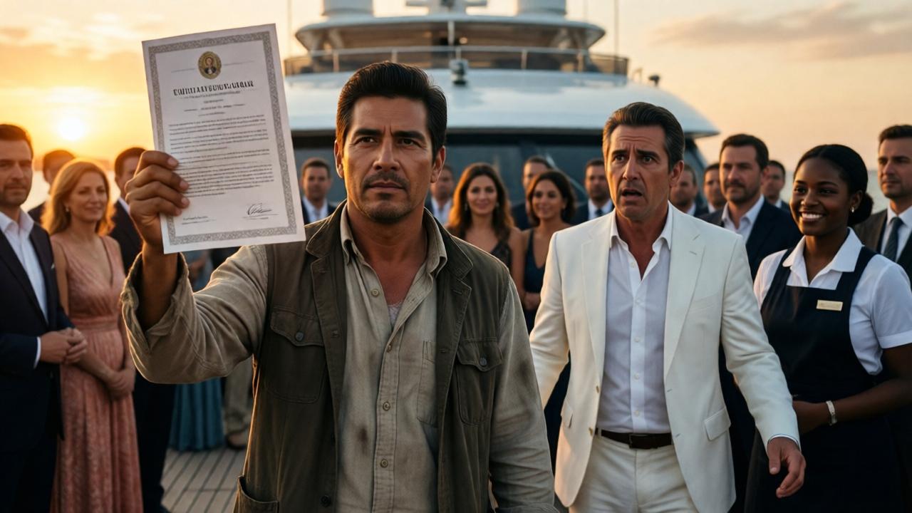Un hombre mexicano de 45 años, con ropa humilde pero postura erguida, sostiene un documento oficial en alto frente a una multitud de invitados elegantes en la cubierta de un yate. Su rostro muestra calma y determinación, mientras un hombre italiano de traje blanco, pálido y con expresión de shock, retrocede. Una joven camarera de tez oscura sonríe a su lado. El sol poniente ilumina la escena con tonos dorados y naranjas. Composición cinematográfica, estilo épico, simbolismo de justicia y redención, colores cálidos, atmósfera de triunfo silencioso.