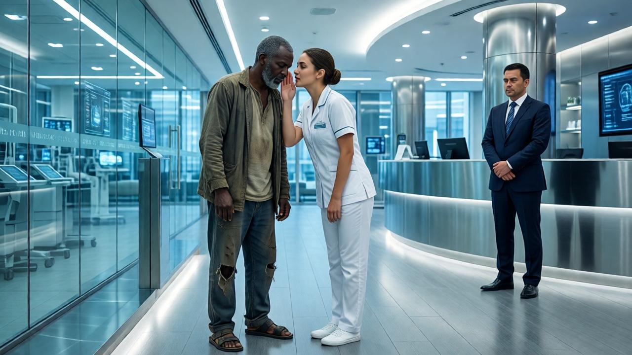 Interior de un lujoso centro médico de rehabilitación en Dubái, con paredes de vidrio reluciente y tecnología de punta. En la recepción, un hombre de unos 50 años, de origen senegalés, vestido con ropa desgastada y sandalias rotas, está de pie mirando al suelo. A su lado, una joven enfermera con uniforme blanco y ojos llenos de empatía se inclina para susurrarle algo. Al fondo, un administrador de traje impecable los observa con desdén. Iluminación brillante, colores fríos y metálicos, atmósfera de tensión y contraste social.