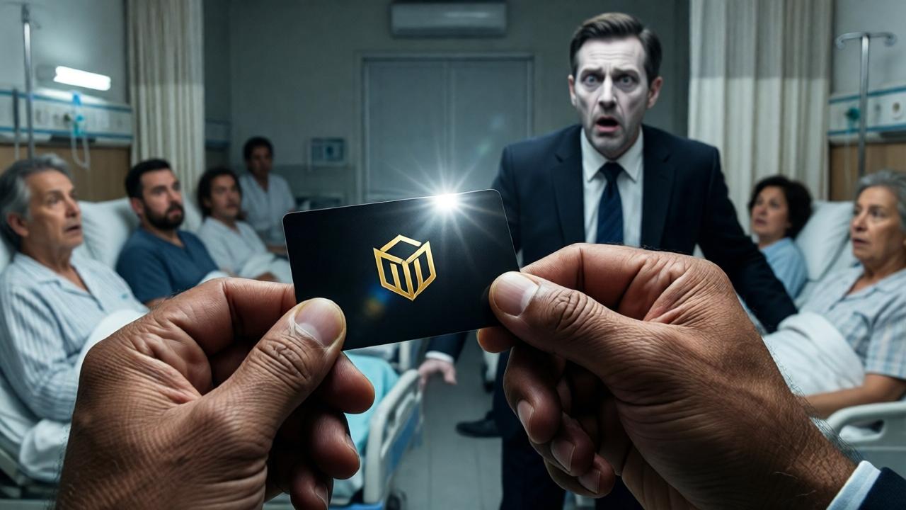 Primer plano de las manos de un hombre de unos 50 años, de piel oscura y callosas, sosteniendo una tarjeta negra brillante con un logo dorado. Al fondo, un administrador de traje impecable, con expresión de shock y palidez, retrocede mientras otros pacientes en la sala lo miran con asombro. Iluminación dramática con foco en la tarjeta, colores contrastantes entre el negro de la tarjeta y el blanco del entorno, atmósfera de suspense y revelación.