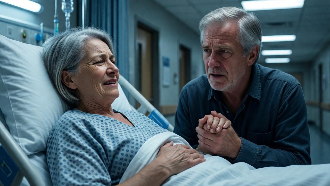 Una mujer de 60 años, con cabello gris y arrugas marcadas, yace en una camilla de hospital, agarrando el vientre con dolor. Su esposo, un hombre mayor de cabello blanco, la sostiene de la mano con expresión desesperada. El fondo muestra luces fluorescentes frías y pasillos vacíos. Estilo realista cinematográfico, tonos azules y grises, iluminación dramática de contraluz, composición en plano medio cerrado que enfatiza la angustia y el contraste entre la vida que nace y la edad que juzga.