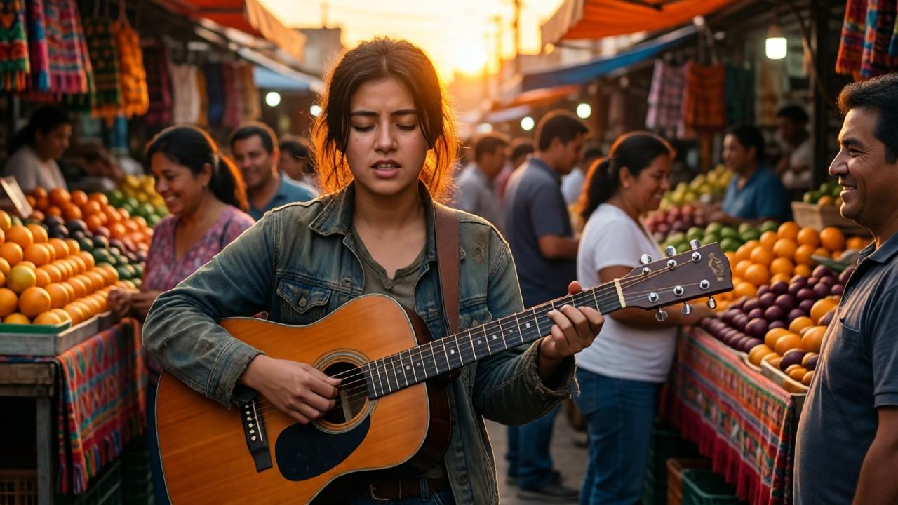 Una joven de 22 años, con ropa desgastada y una guitarra vieja, está de pie en un bullicioso mercado mexicano al atardecer. El sol tiñe de naranja los puestos de frutas y telas. Decenas de compradores la miran con sonrisas burlonas. La joven tiene los ojos cerrados, los labios entreabiertos, y sus dedos rozan las cuerdas con tensión. La escena es cinematográfica, con un enfoque suave y colores cálidos que contrastan con la soledad de la figura central.