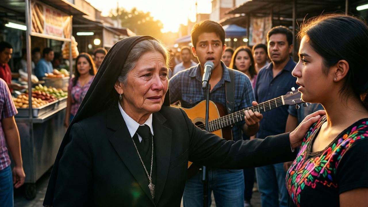 Una mujer mayor, vestida de luto, con el rostro surcado por lágrimas, se abre paso entre una multitud en un mercado mexicano. Detrás de ella, una joven cantante con guitarra la mira con sorpresa. La luz del atardecer crea un halo dorado alrededor de la mujer, que extiende los brazos hacia la joven. En el fondo, se ven puestos de comida y gente que observa con asombro. La composición es emotiva, con un enfoque dramático y colores intensos que resaltan la conexión entre ambas.