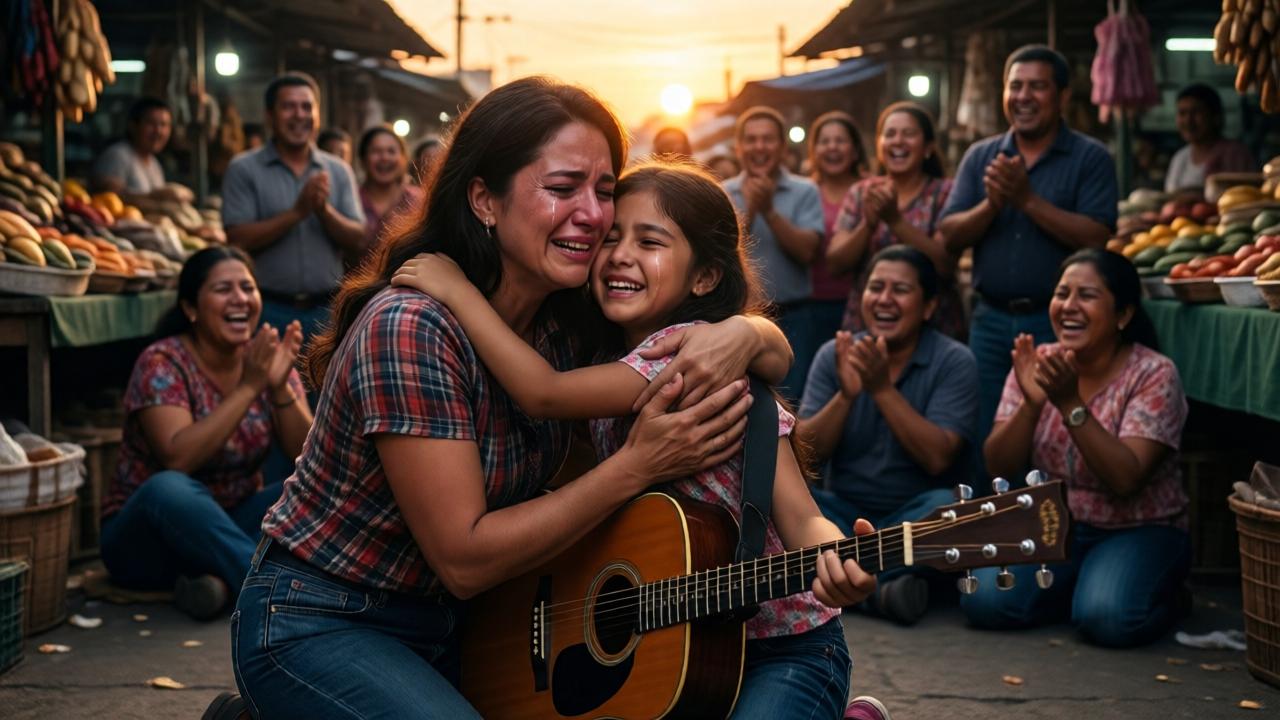 Una madre de rodillas en el suelo de un mercado mexicano, con el rostro bañado en lágrimas, abraza a su hija, una joven cantante con guitarra. Detrás de ellas, una multitud emocionada aplaude y llora. La luz del atardecer baña la escena con tonos cálidos, creando un contraste entre la penumbra de los puestos y la claridad del momento. La composición es íntima y épica, con un enfoque en las manos entrelazadas de madre e hija y las lágrimas brillando en sus mejillas.