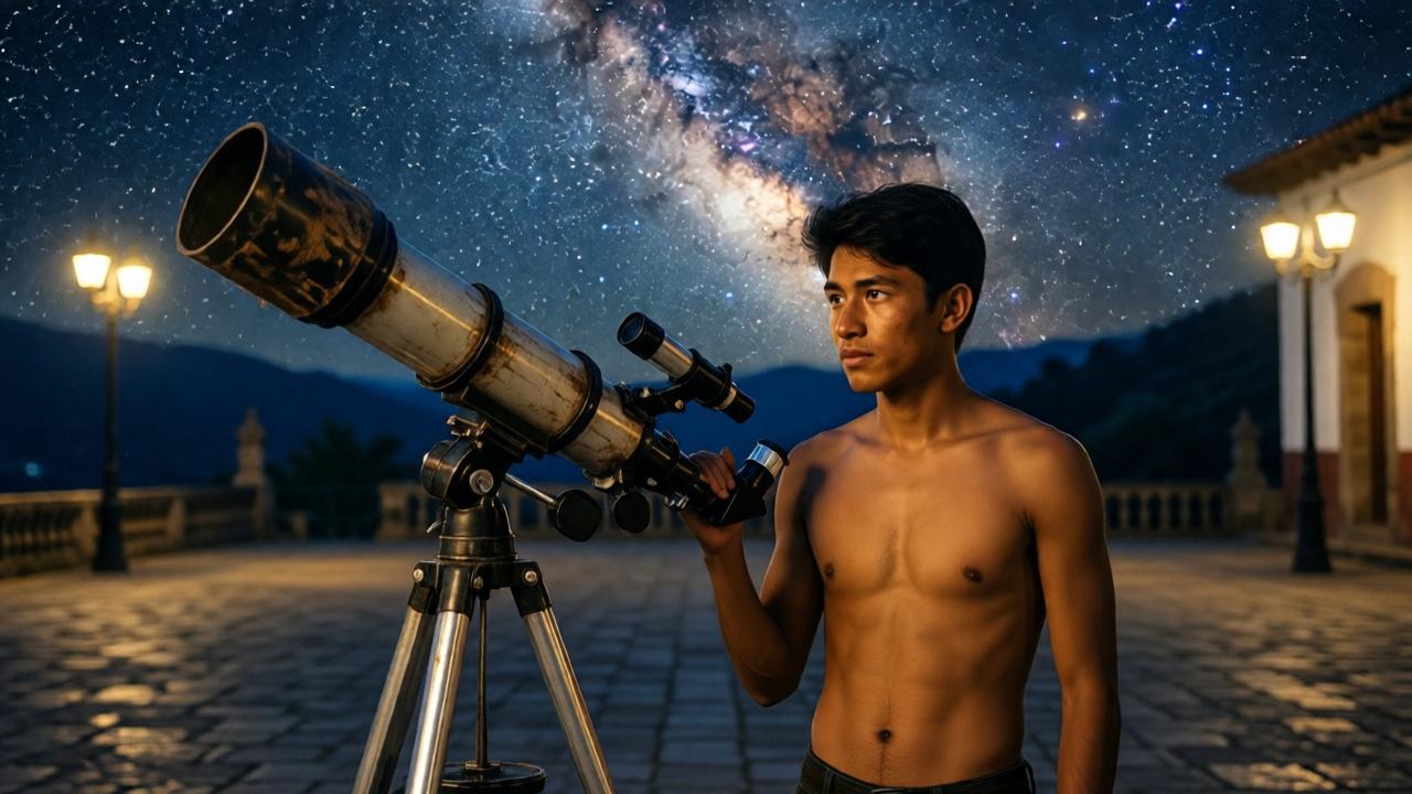 Un joven peruano de 19 años, delgado y de tez morena, está de pie junto a un telescopio casero improvisado con tubos de metal y lentes viejos, en una plaza de piedra iluminada por la luz tenue de faroles. Detrás de él, el cielo nocturno está lleno de estrellas brillantes y la Vía Láctea se extiende como un río de luz. La escena tiene un tono melancólico y esperanzador, con colores azules profundos y destellos dorados, estilo cinematográfico con enfoque suave.