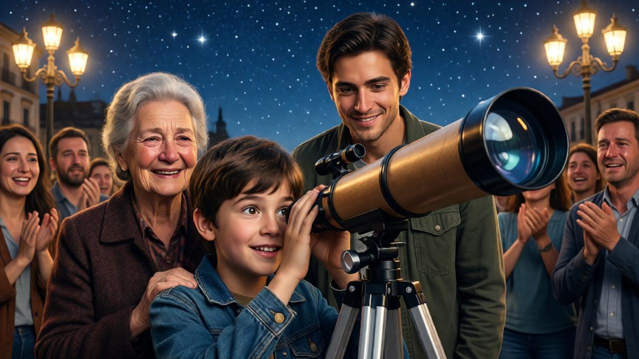 Un niño de 10 años, con los ojos muy abiertos y una sonrisa de asombro, mira a través de un telescopio casero. Detrás de él, una anciana sonríe con lágrimas en los ojos, y un joven delgado observa con orgullo. La escena está bañada por la luz de las estrellas y faroles de la plaza. Alrededor, un grupo de personas aplaude y algunas lloran. El cielo nocturno es profundo y estrellado. Estilo cinematográfico épico, colores vibrantes y composición simétrica que resalta la conexión entre las generaciones.