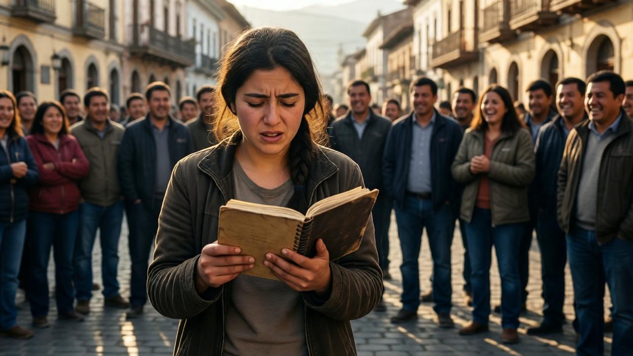 Una joven de veintiún años, con cabello oscuro y ropa sencilla, de pie en el centro de una plaza empedrada en un pueblo chileno. Sostiene un cuaderno viejo y sus manos tiemblan mientras recita con los ojos cerrados. Alrededor, una multitud de personas la mira con desprecio y risas. El sol de la tarde crea sombras largas y un ambiente tenso. Estilo realista y cinematográfico, colores cálidos y terrosos, enfoque en la expresión vulnerable de la joven.
