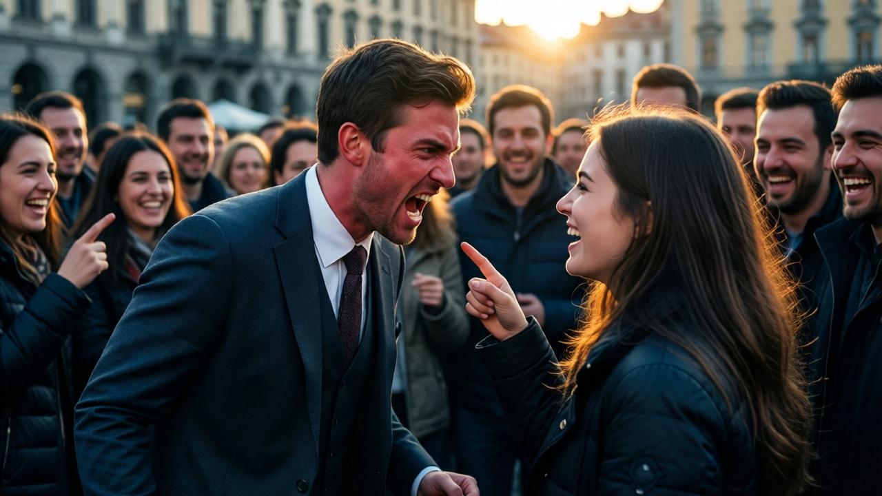 Un hombre joven de unos treinta años, vestido con un traje elegante, grita furiosamente a una joven poeta en una plaza llena de gente. Su rostro está rojo de ira, y la multitud a su alrededor ríe y señala a la joven. La luz del atardecer crea un contraste dramático entre la figura del hombre y la sombra de la joven. Estilo cinematográfico, colores fríos y cálidos mezclados, enfoque en la tensión del momento.