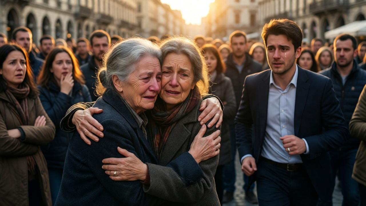 Una mujer mayor de cabello gris abraza a una joven poeta en medio de una plaza llena de gente. Ambas lloran, y la multitud alrededor está en silencio, con expresiones de conmoción y emoción. Un hombre joven con traje corre hacia ellas, con lágrimas en los ojos. La luz del atardecer crea un resplandor dorado y cálido. Estilo cinematográfico y emotivo, colores suaves y luminosos, enfoque en el abrazo y la conexión humana.