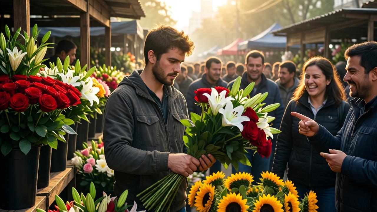 Un mercado de flores bullicioso al amanecer en las afueras de Buenos Aires, con puestos de madera repletos de rosas rojas, lirios blancos y girasoles. El sol dorado ilumina a un joven de veintidós años con manos ásperas, concentrado en arreglar un ramo. A su alrededor, vendedores y compradores se ríen y señalan con desprecio. Estilo cinematográfico, colores vibrantes, contraste entre la belleza de las flores y la tensión del momento.