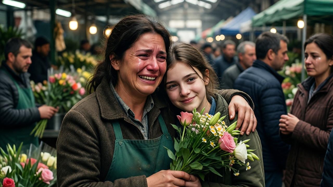 Una madre de mediana edad abraza a un joven florista en medio de un mercado de flores. Ella llora de alegría, su rostro iluminado por la emoción. Detrás de ella, una adolescente pálida pero sonriente, con una frágil esperanza en sus ojos, se apoya en el brazo de su madre. Los vendedores y compradores del mercado observan en silencio, algunos con lágrimas. Iluminación dramática, estilo cinematográfico, colores cálidos y emotivos.