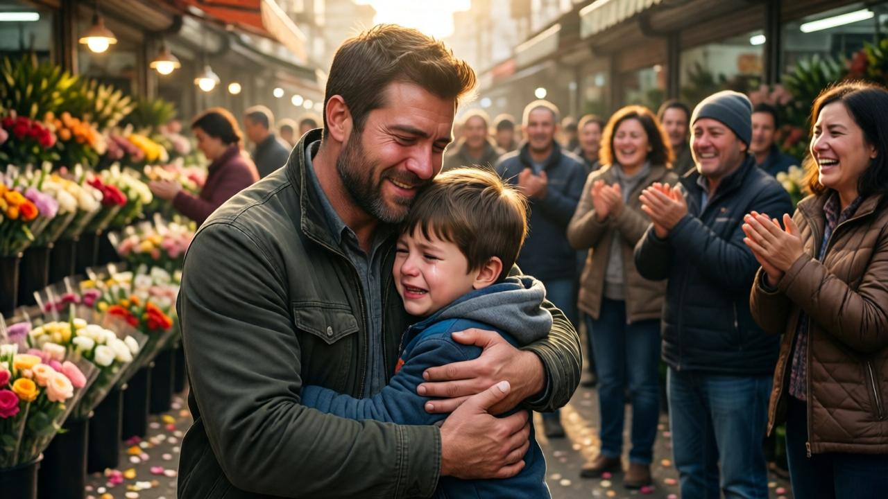 Un padre robusto abraza a su hijo joven en un mercado de flores, ambos con lágrimas en los ojos. Detrás de ellos, una multitud de vendedores y compradores aplaude y llora de emoción. El fondo muestra puestos de flores iluminados por el sol de la tarde, con pétalos esparcidos en el suelo. Estilo cinematográfico, colores cálidos y dorados, atmósfera de redención y esperanza.