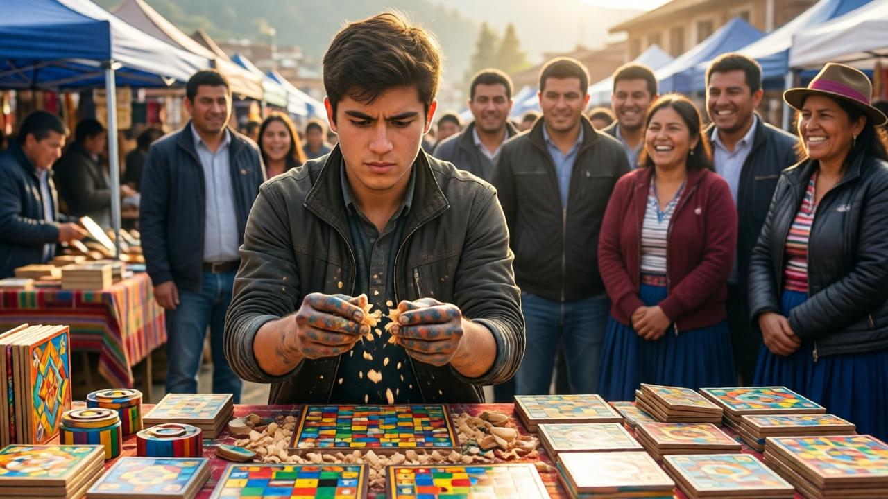 Un joven de 22 años con manos manchadas de virutas de madera y pintura, de pie detrás de una mesa colorida llena de juegos de mesa artesanales hechos a mano, en una feria al aire libre en Otavalo, Ecuador. Al fondo, un grupo de hombres y mujeres lo miran con desprecio y risas sarcásticas, mientras el sol de la mañana ilumina la escena. Estilo realista y dramático, colores cálidos y vibrantes, enfoque en el contraste entre la ilusión del joven y la burla de la multitud. Composición cinematográfica, plano medio, luz dorada.